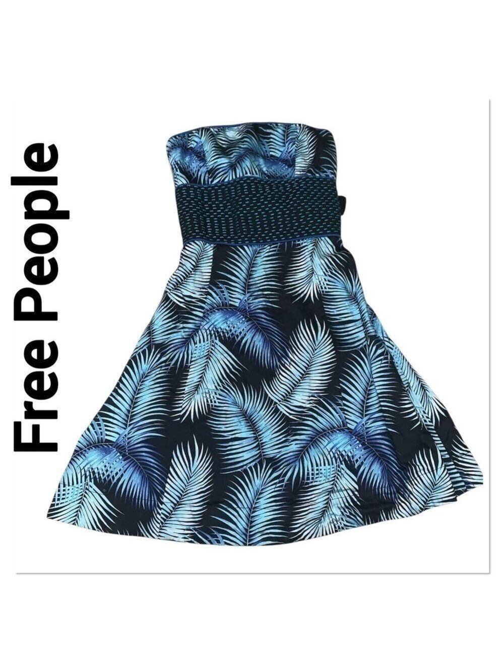FREE PEOPLE Blue Feather Print Strapless Fit & Flare Sun Dress size 6